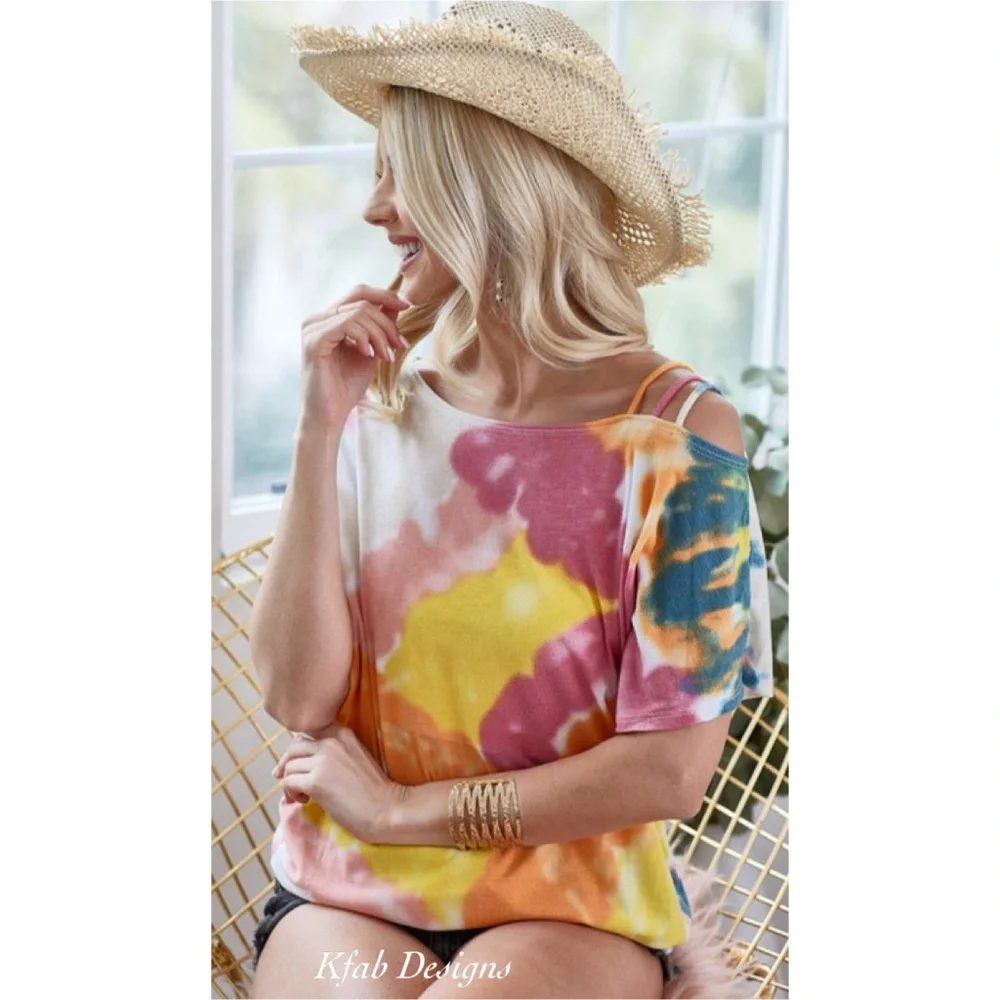 LAST 2! Tie Dye Strappy One Shoulder Super Soft Jersey Top! - Picture 9 of 10